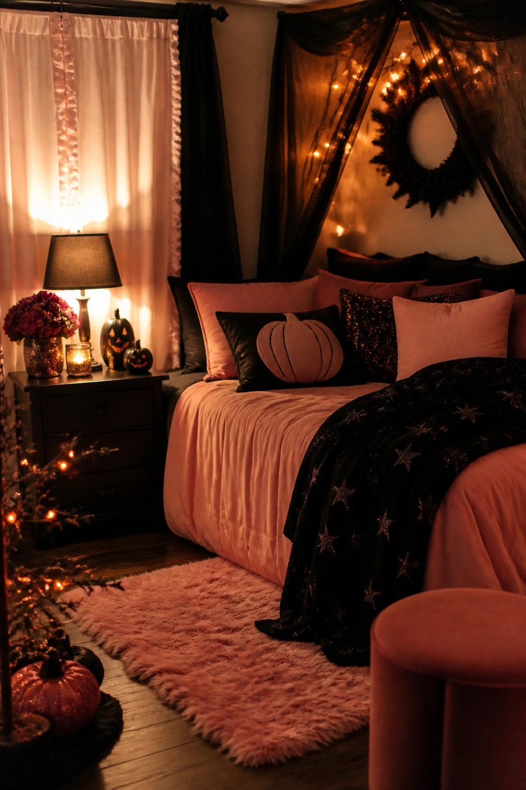 Bedroom with pink bedding, a black sequin pumpkin pillow, and several small jack o lanterns arranged on a dark nightstand.