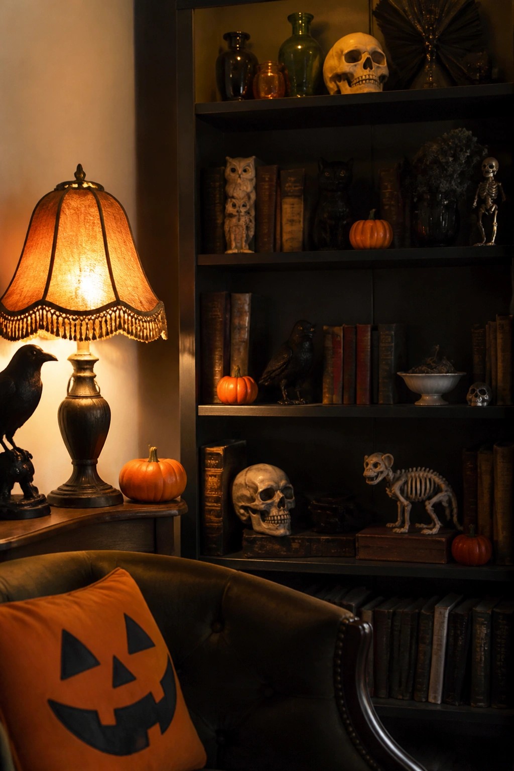Built-in living room shelves styled with books, skulls, small skeletons, black cats, crows, and mini pumpkins for Halloween.