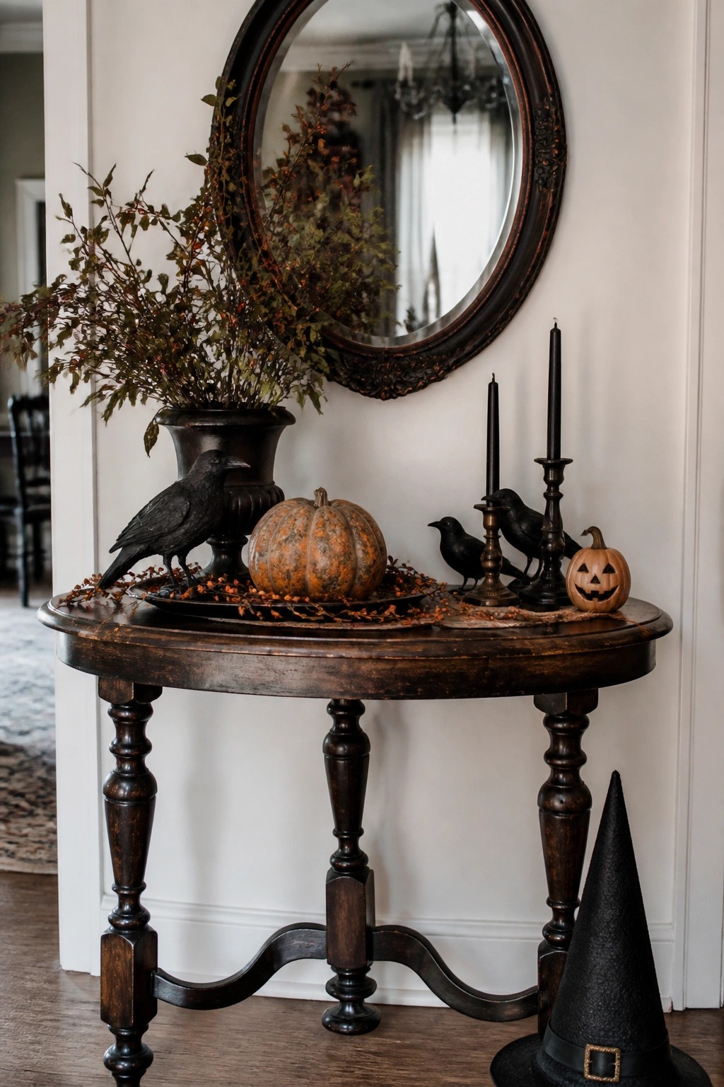Dark wooden table with black crows, pumpkins, candles, witch hat below round mirror