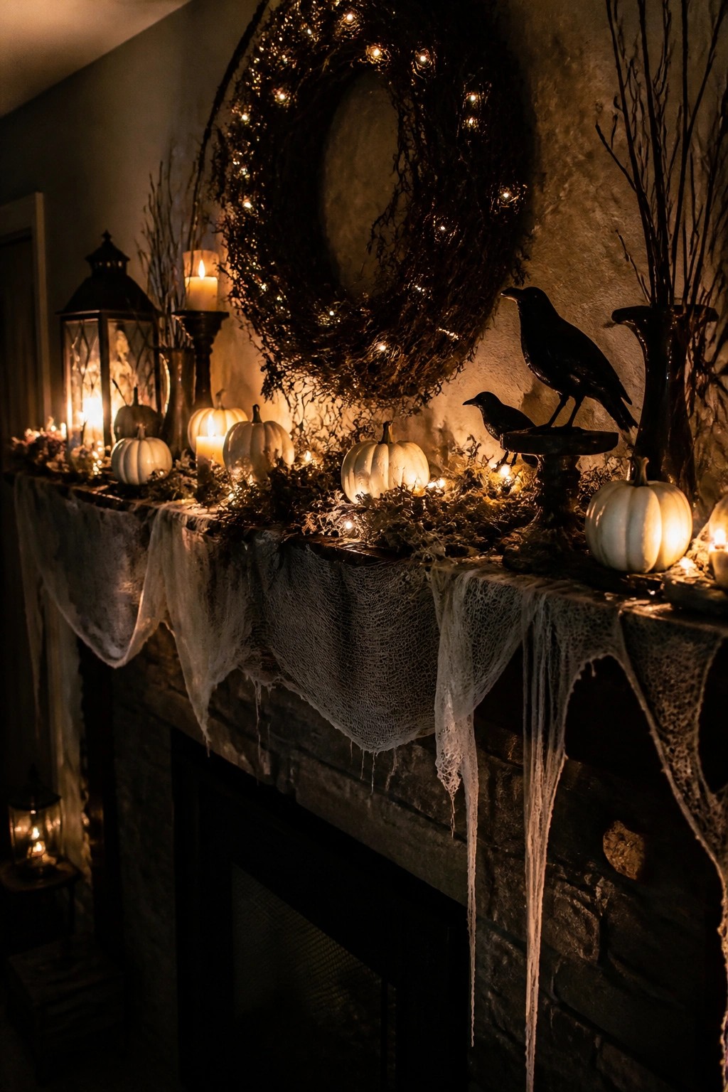 Stone fireplace mantel decorated with a large lit wreath, white pumpkins, black crow figurines, candles, and draped white fabric.