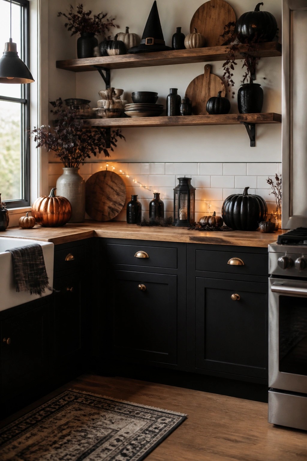 Autumn kitchen with black cabinets, wooden shelves, pumpkins, witch hat, and string lights