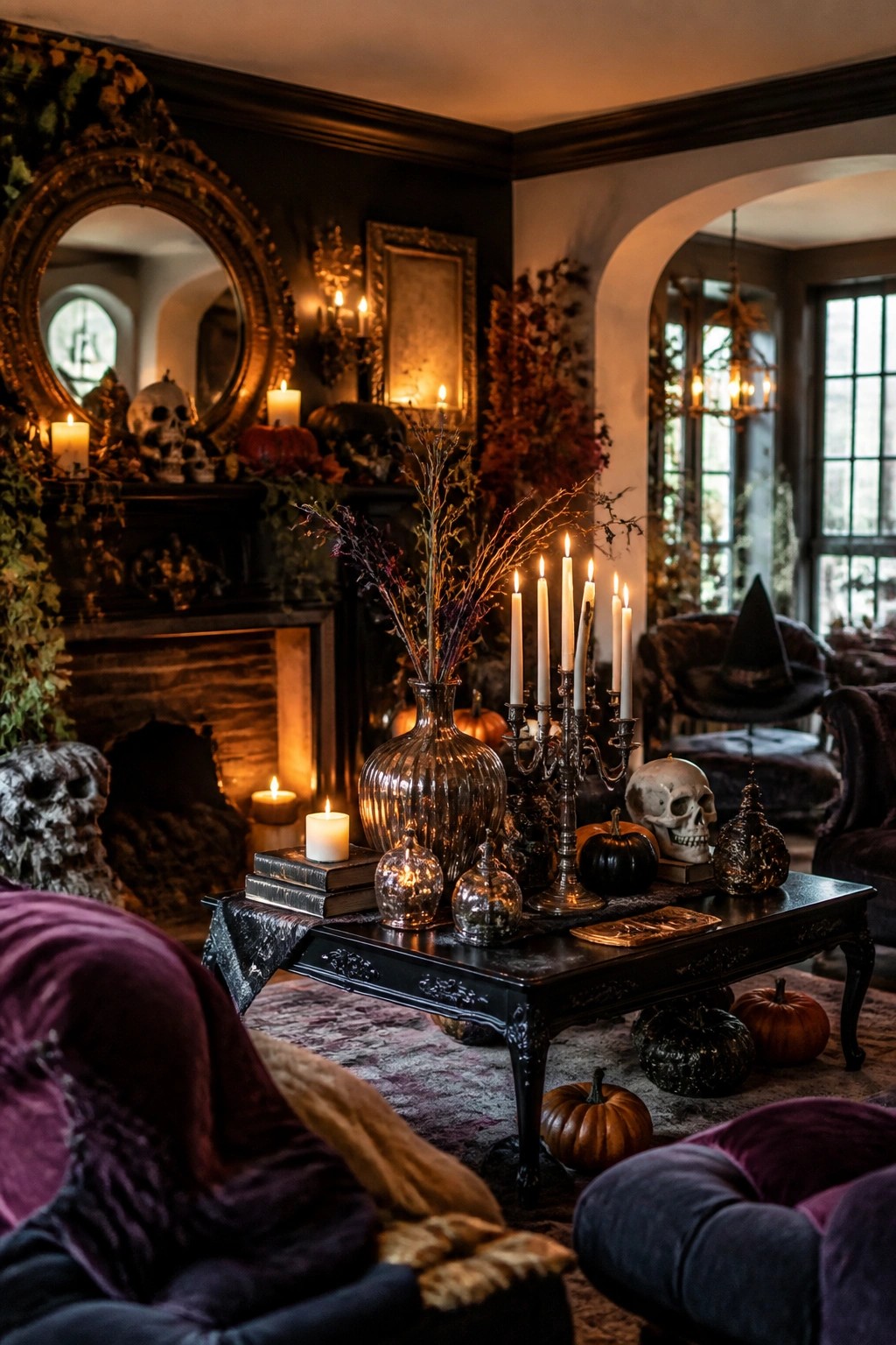 Living room coffee table styled with a tall candelabra, skulls, black pumpkins, and a vase of dark branches as the main Halloween display.
