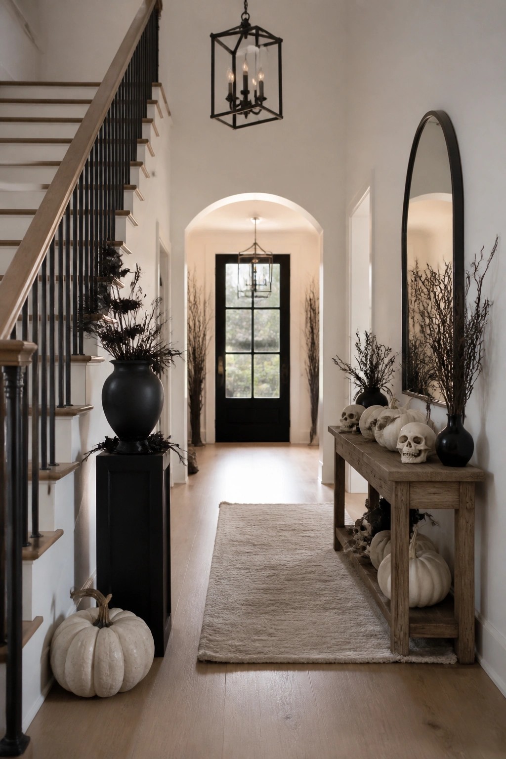 Entryway console table decorated with white skulls, pumpkins, and black vases beside a staircase and arched doorway.