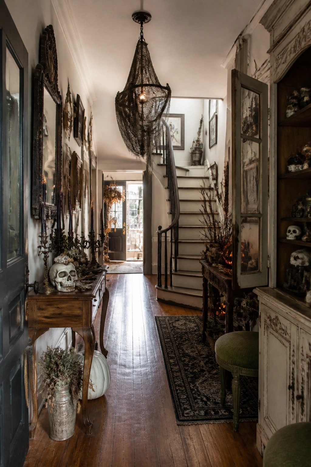 Dimly lit gothic hallway with skulls, candelabras, twig chandelier, and wooden staircase.