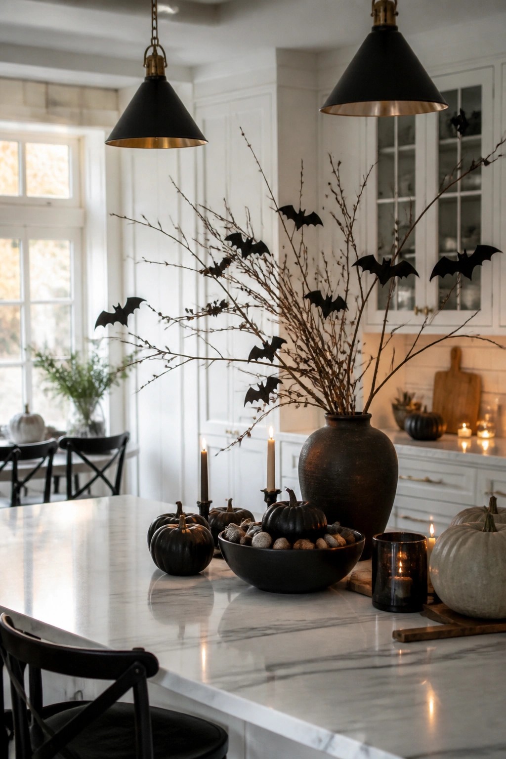 Kitchen island featuring a tall dark vase filled with bare branches and black bat cutouts, accented by black pumpkins and candles.