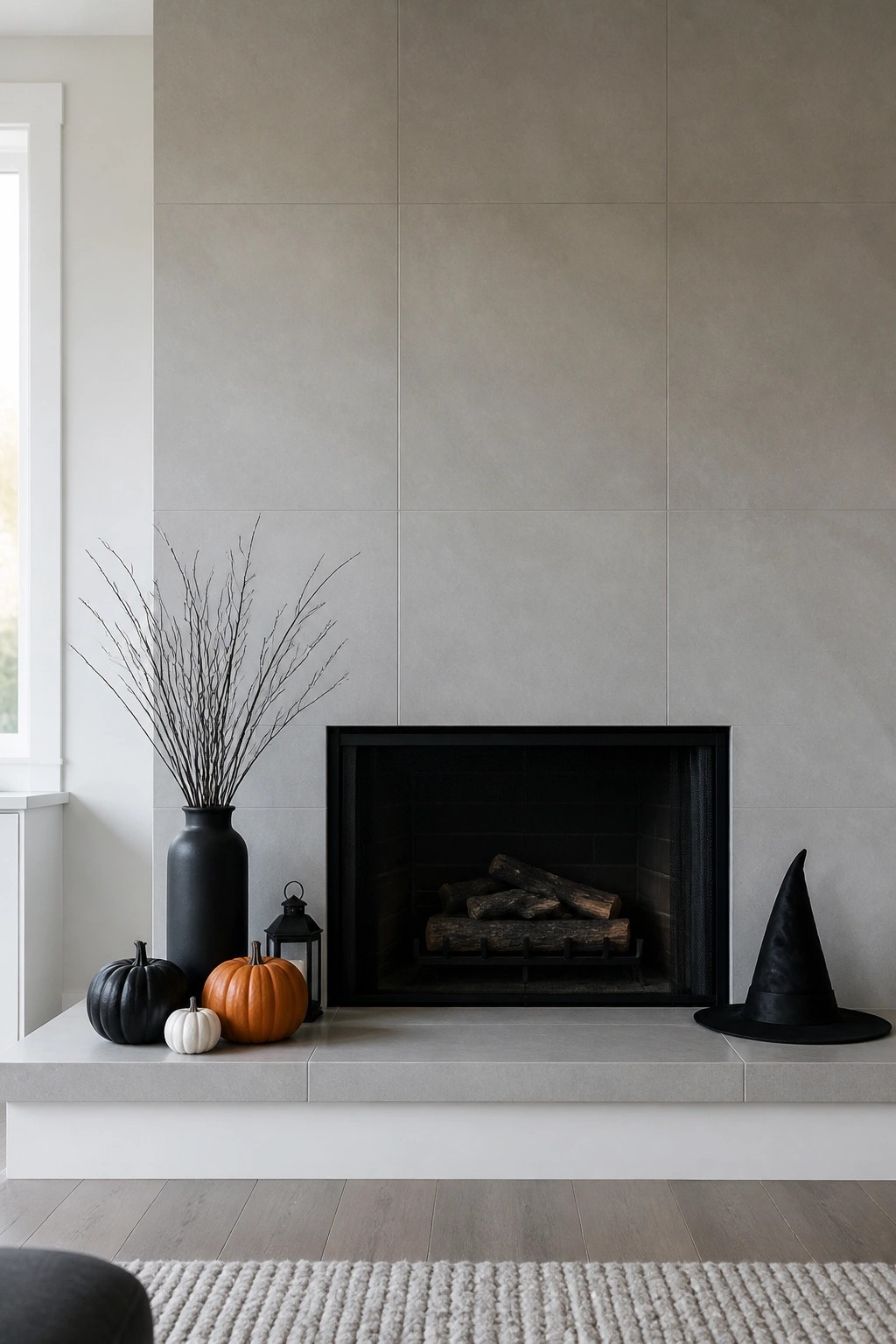 Modern gray fireplace hearth with pumpkins, black witch hat, lantern, and branch vase