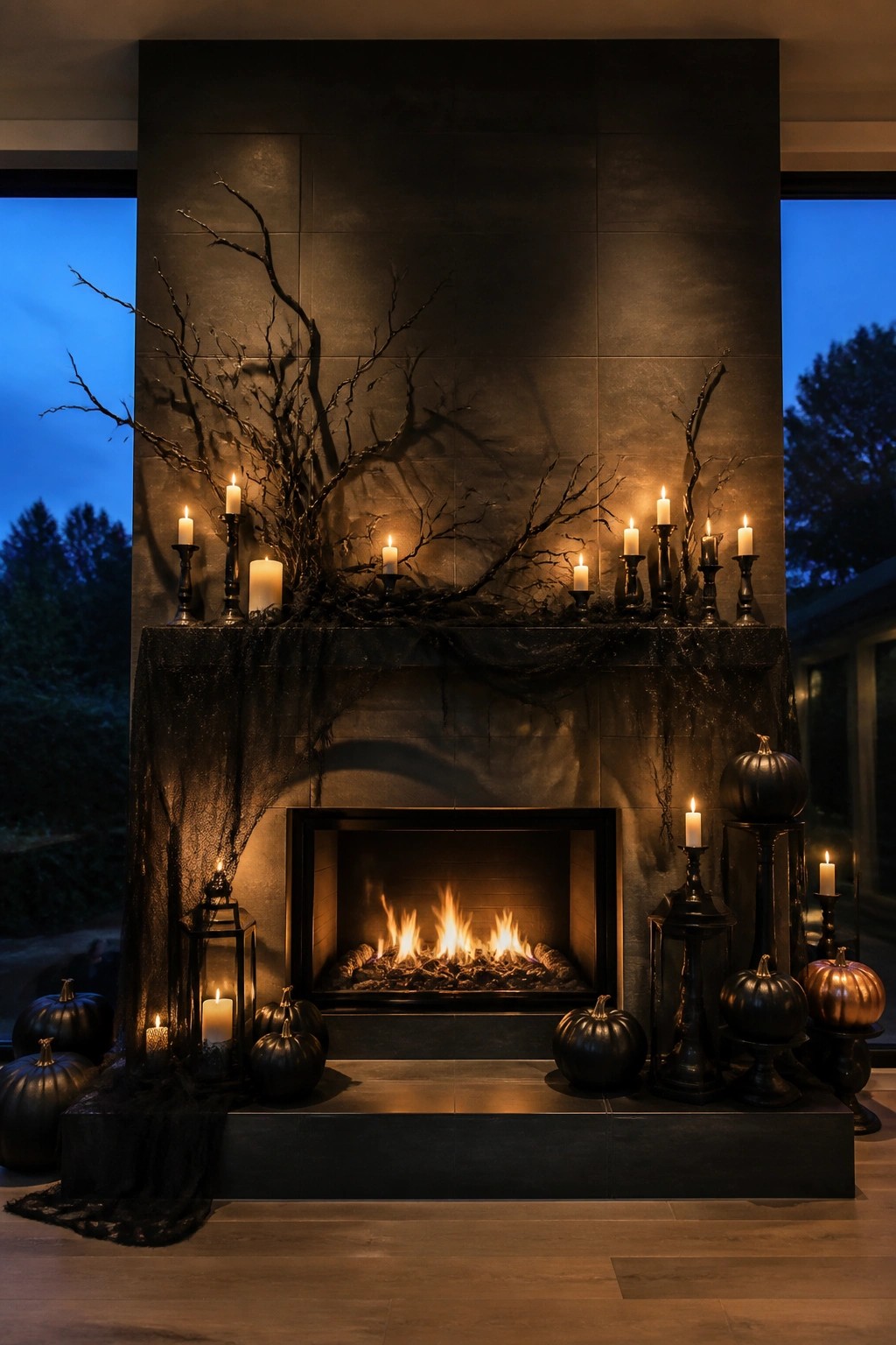 Fireplace mantel decorated with twisted black branches, spiderwebs, and white candles above a lit fire, with black pumpkins and lanterns on the hearth.