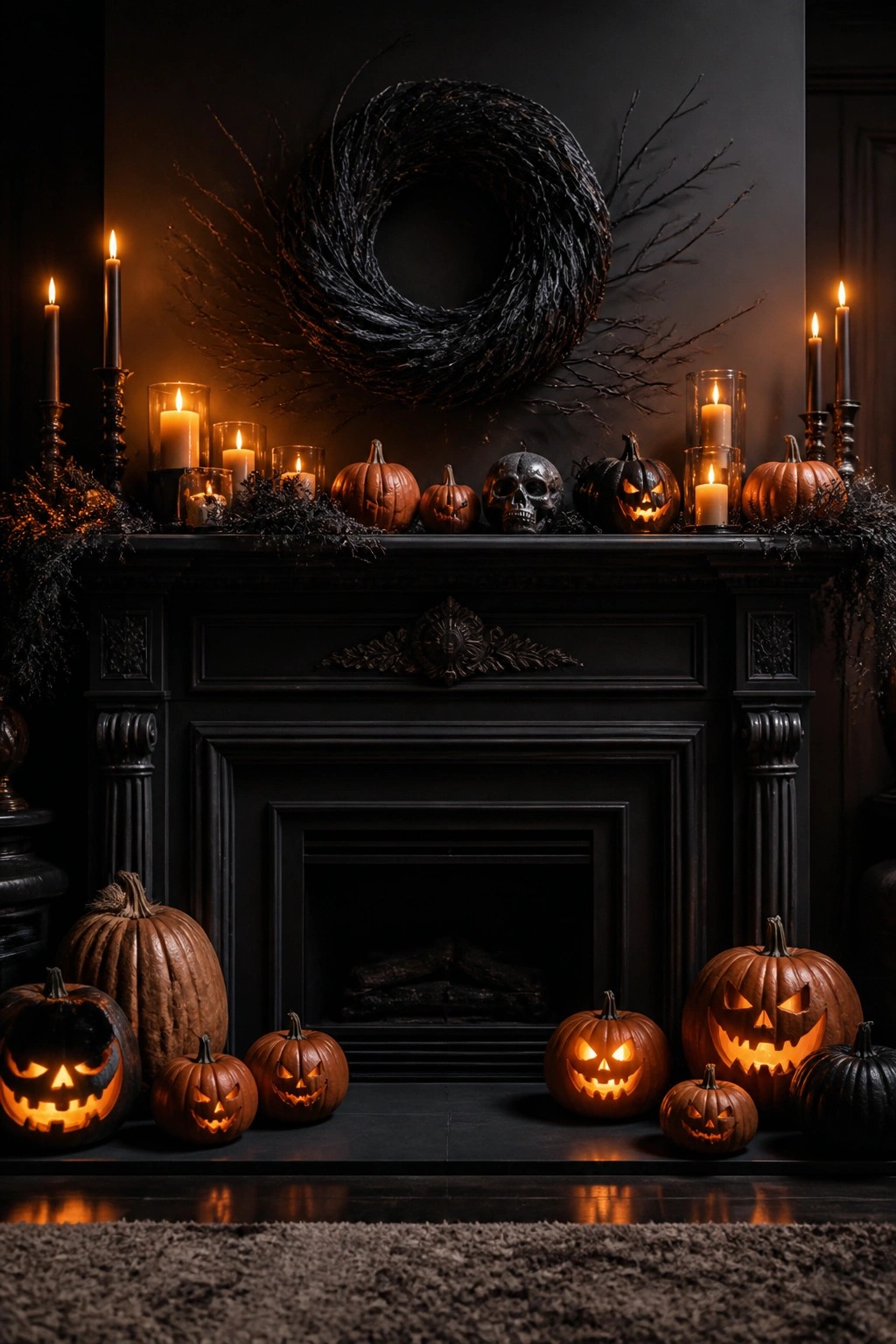 Black fireplace mantel arranged with carved jack o'lanterns, a skull, and candles beneath a large black wreath.