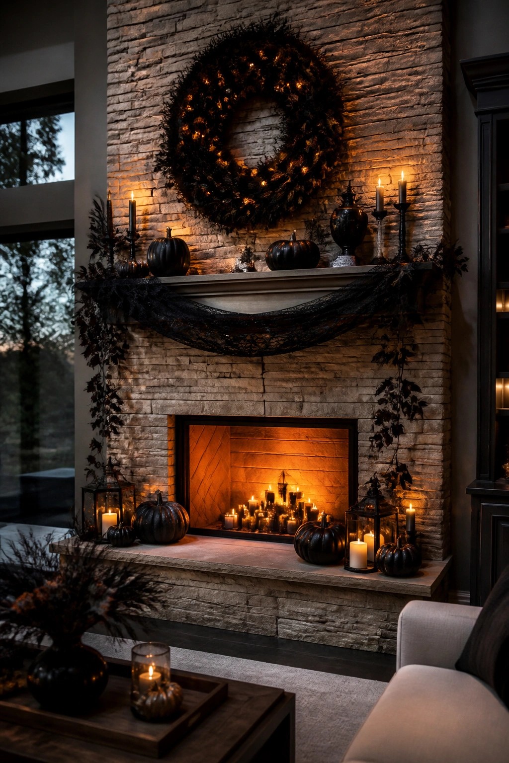 Stone fireplace decorated for Halloween with a large black wreath above the mantel, black pumpkins, candles, and dark garland.