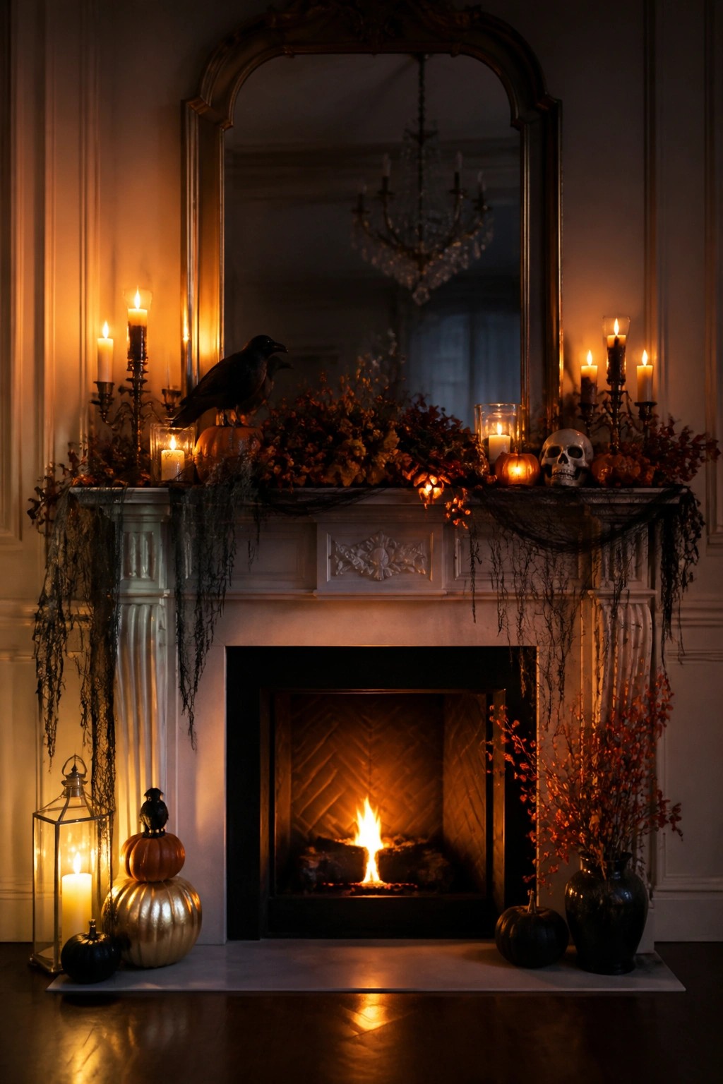 A fireplace mantel styled for Halloween with black crows, a skull, candles, pumpkins, and dark garland.
