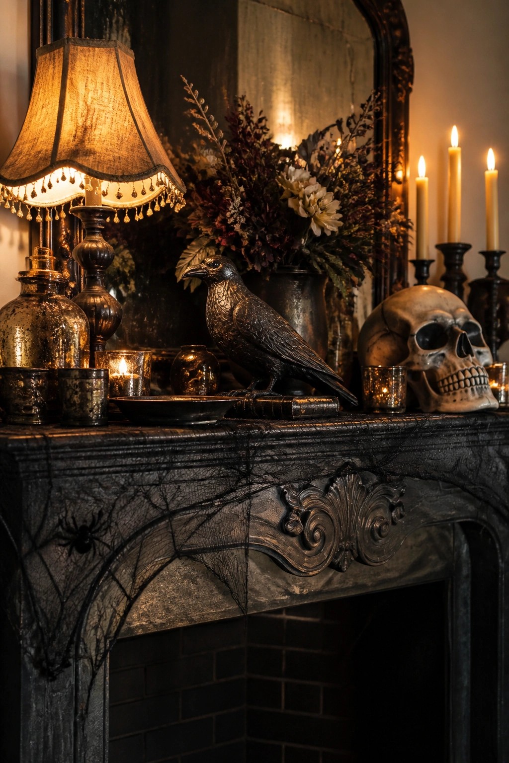 Fireplace mantel decorated with a large skull, black raven statue, spiderwebs, lit candles, and dark florals.