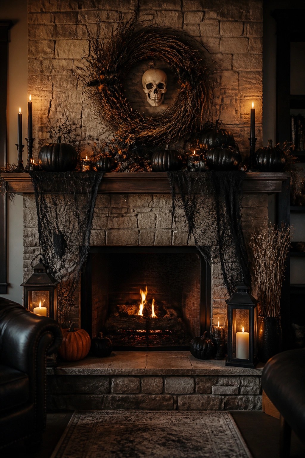 Stone fireplace mantel with a large twig wreath holding a skull in the center, black pumpkins, candles, and black fabric draped along the edges.