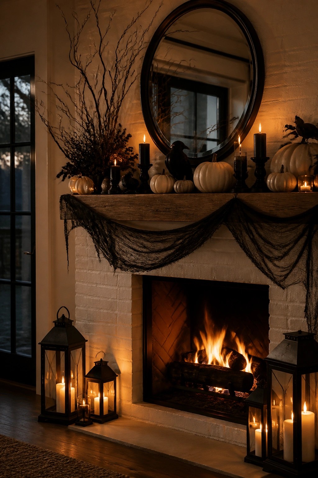 White brick fireplace with wooden mantel draped in black webbing, white pumpkins, black candles, and black crows, plus a round mirror above.