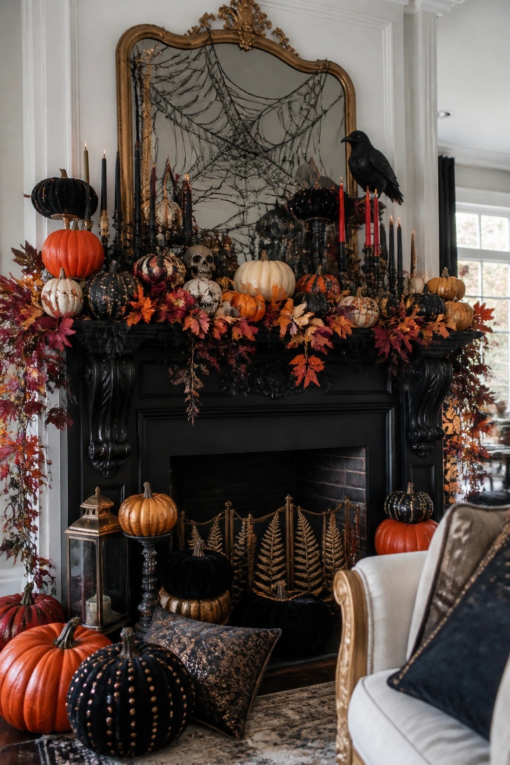 Black fireplace mantel decorated with large spiderwebs across the mirror, skulls, black candles, a crow, and assorted pumpkins for Halloween.