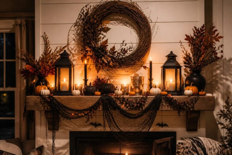 Stone fireplace mantel decorated with a large lit wreath, black lanterns, candles, and a black crow, with pumpkins arranged on the hearth below.
