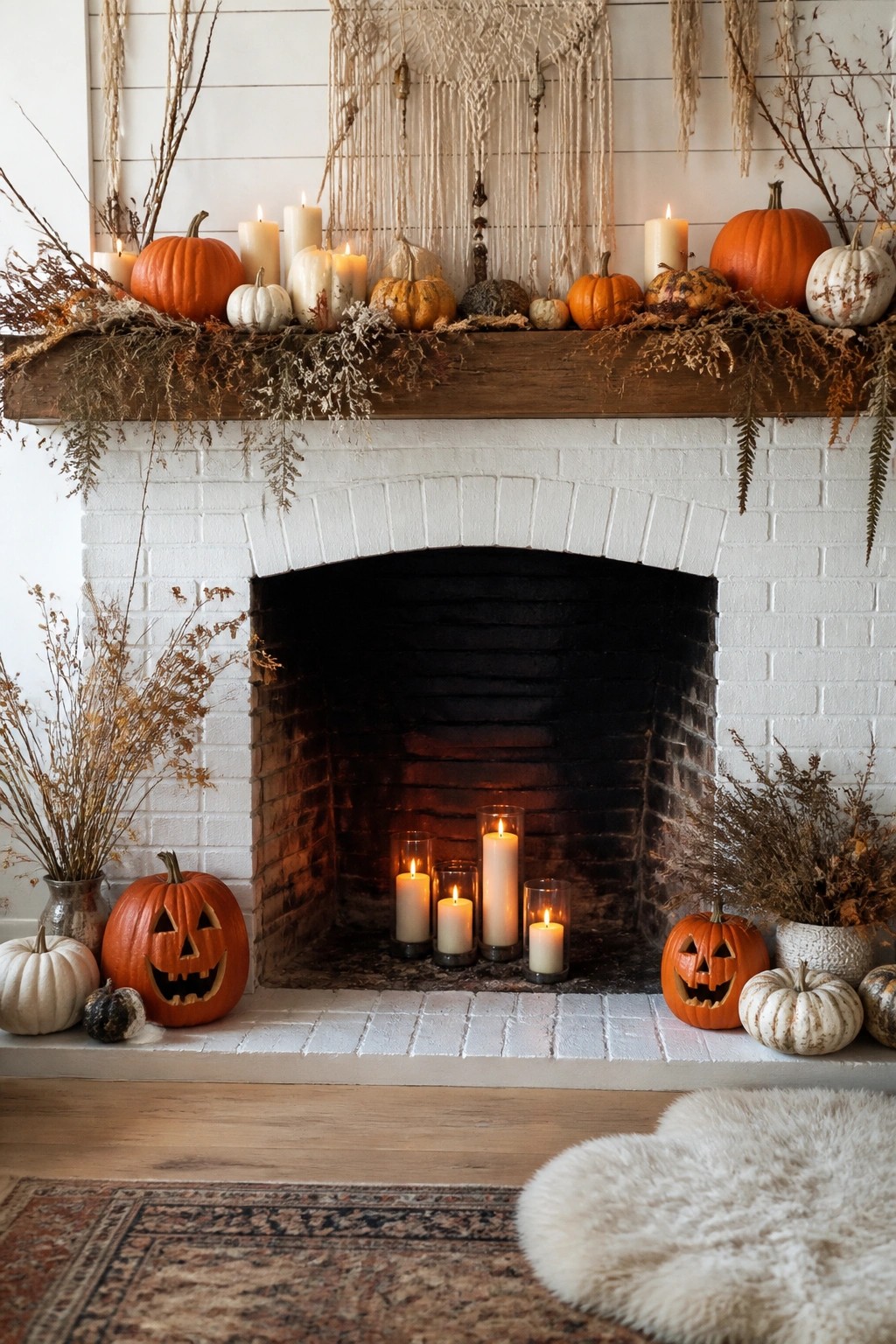White brick fireplace with pumpkins, lit candles, dried foliage, and jack-o'-lanterns on hearth and mantel.