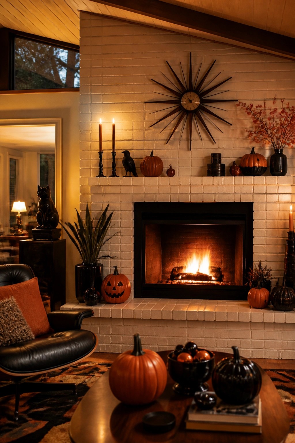 Cozy living room with white brick fireplace, lit fire, pumpkins, and leather chair.