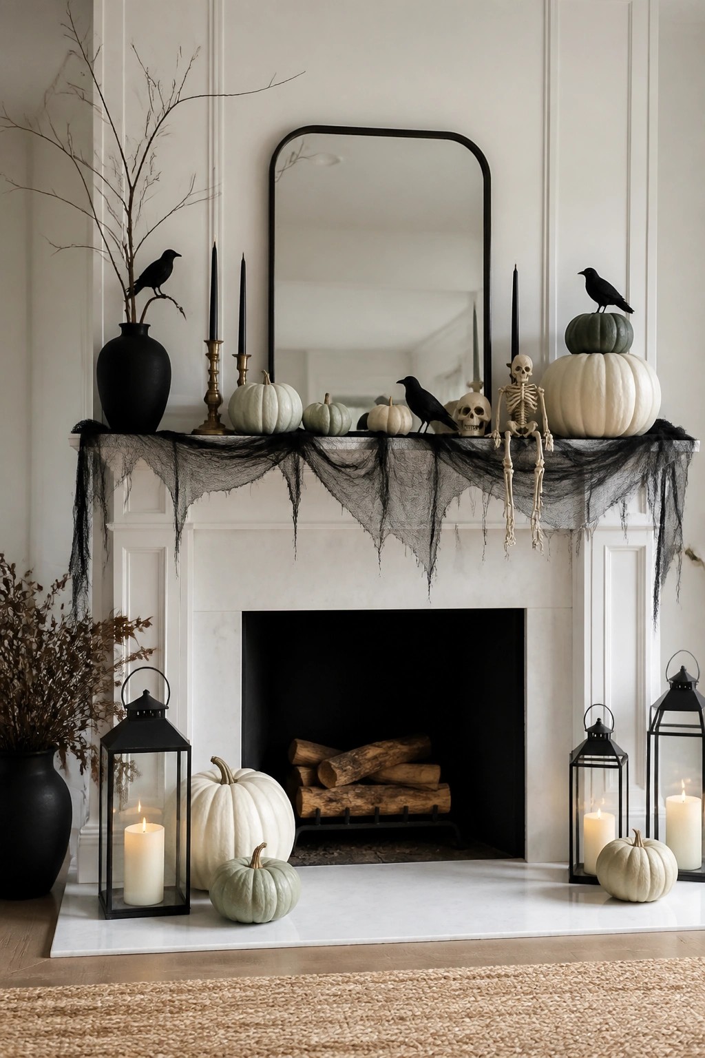 White fireplace mantel styled for Halloween with a skeleton, black crows, skulls, black candles, and sheer black fabric draped across the front.