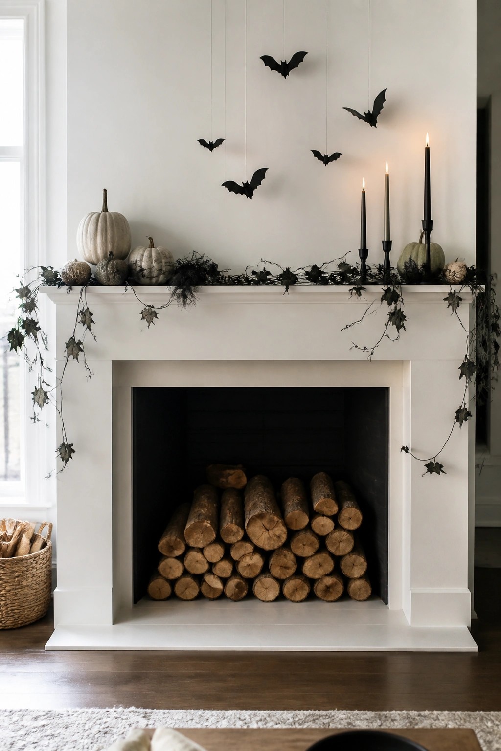 White fireplace mantel with pumpkins, lit black candles, ivy garland, and hanging bats