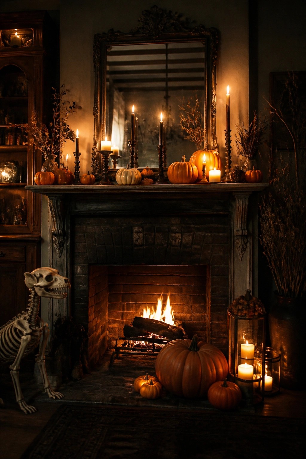 Fireplace mantel decorated with multiple black taper candles, orange pumpkins, and dried branches, with a skeleton standing to the left of the hearth.