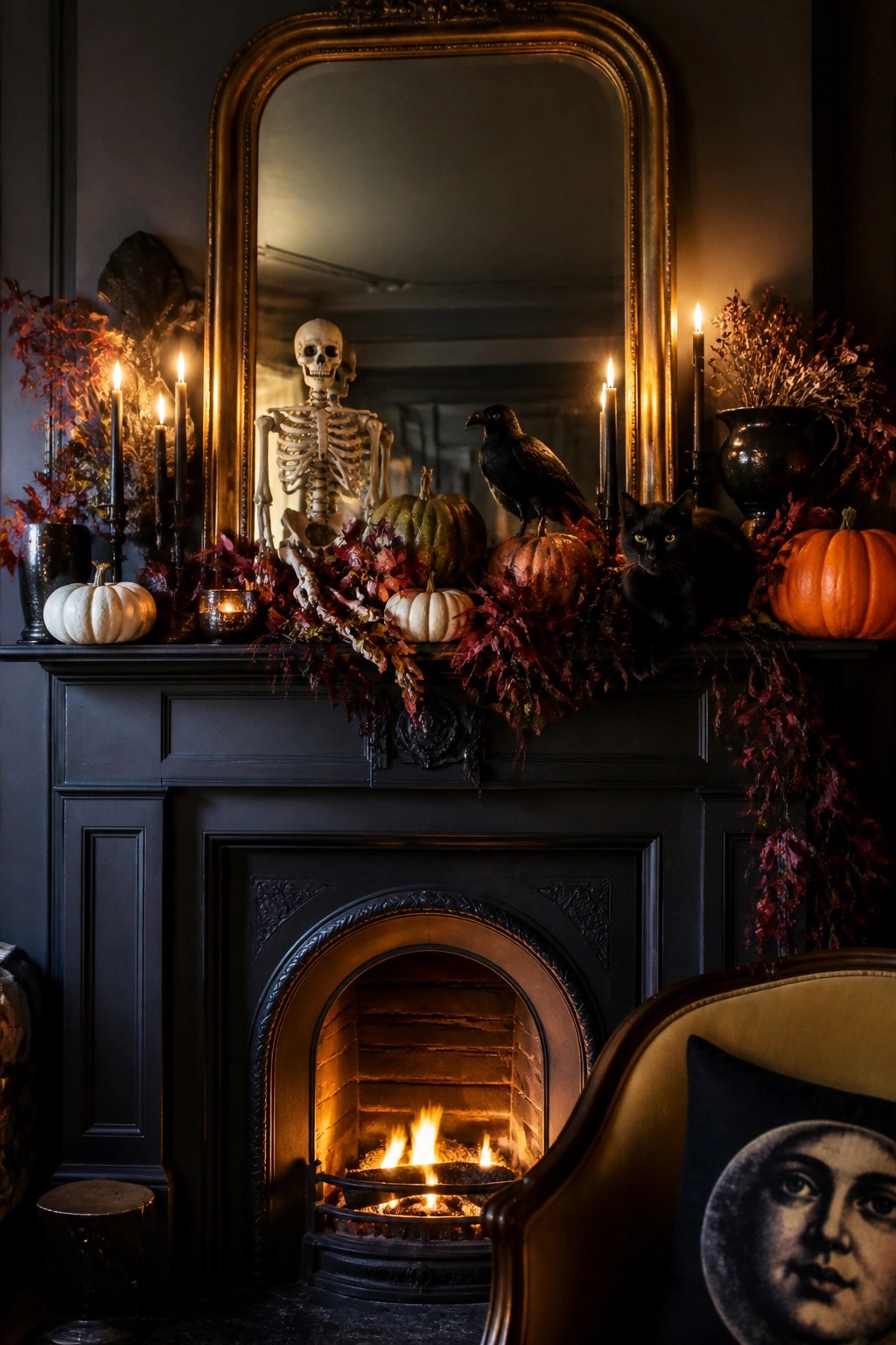 Gothic fireplace with burning fire, mantel holding skeleton, black cat, pumpkins, and candles