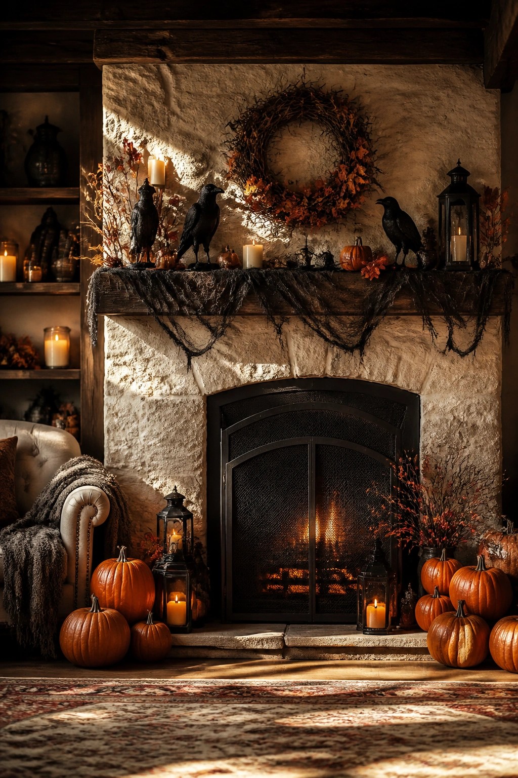 Stone fireplace mantel decorated with black crows, an autumn wreath, black netting, candles, and pumpkins on the hearth.