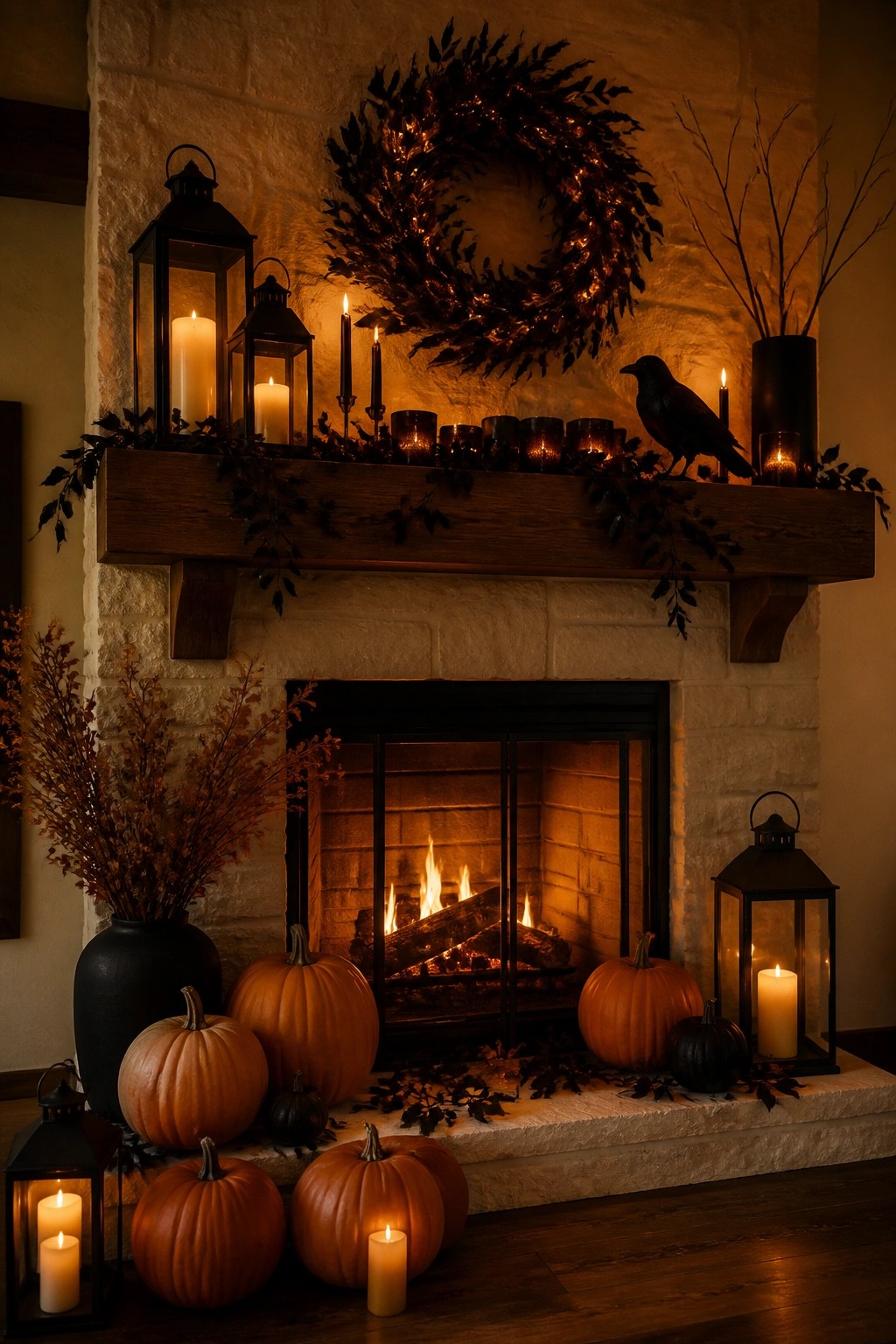 Stone fireplace mantel decorated with a large lit wreath, black lanterns, candles, and a black crow, with pumpkins arranged on the hearth below.