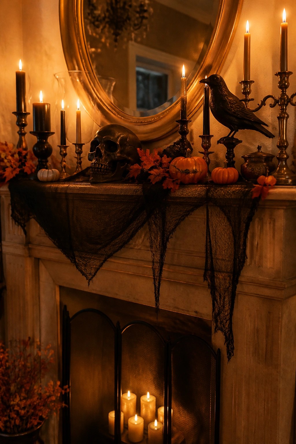Fireplace mantel styled for Halloween with a skull, black crow statue, black candles, small pumpkins, and black lace fabric.