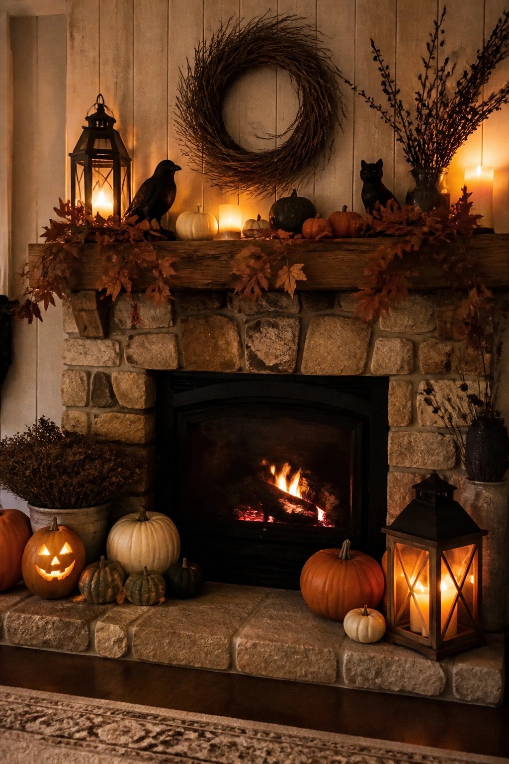 Stone fireplace with glowing pumpkins, lanterns, autumn leaves, wreath, and burning fire.