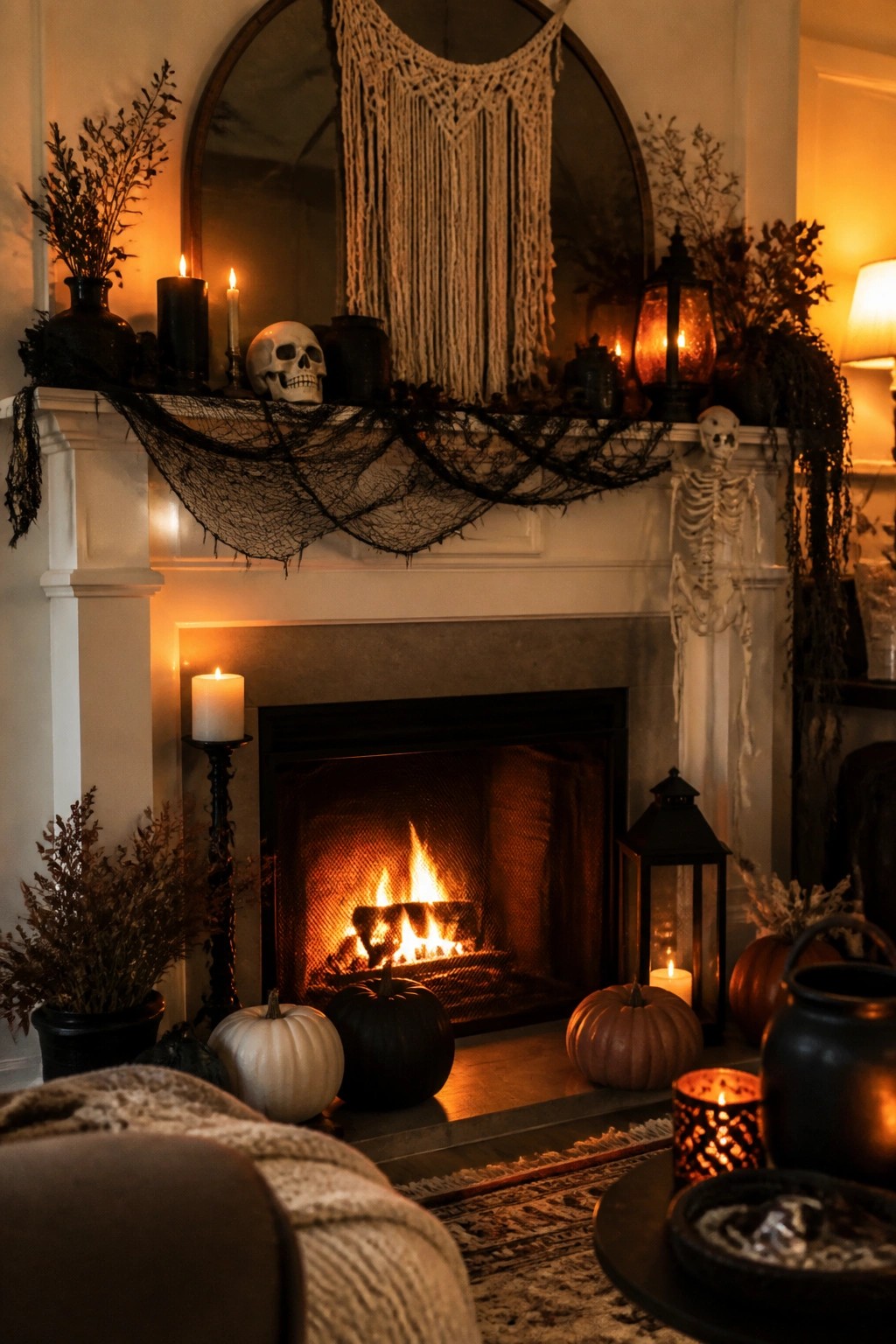 Fireplace mantel styled for Halloween with black netting, skulls, dark candles, a standing skeleton figure, and pumpkins placed in front of the fire.
