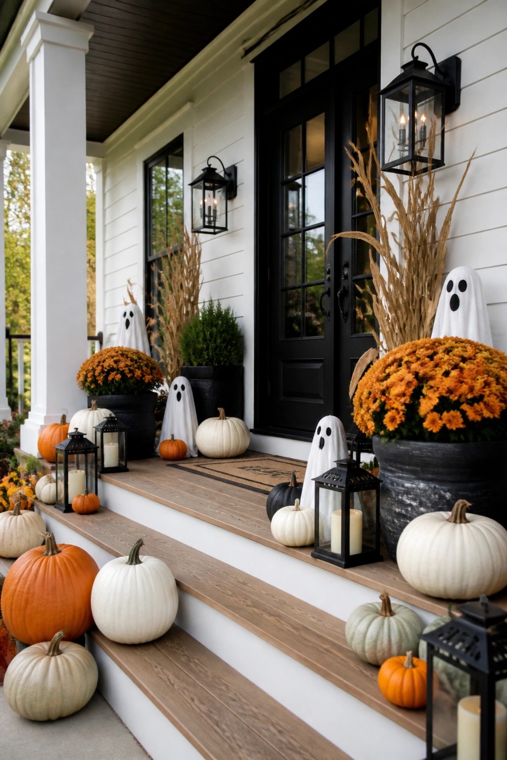 Front porch steps decorated with white fabric ghost figures, white and orange pumpkins, black lanterns, and large pots of orange mums.