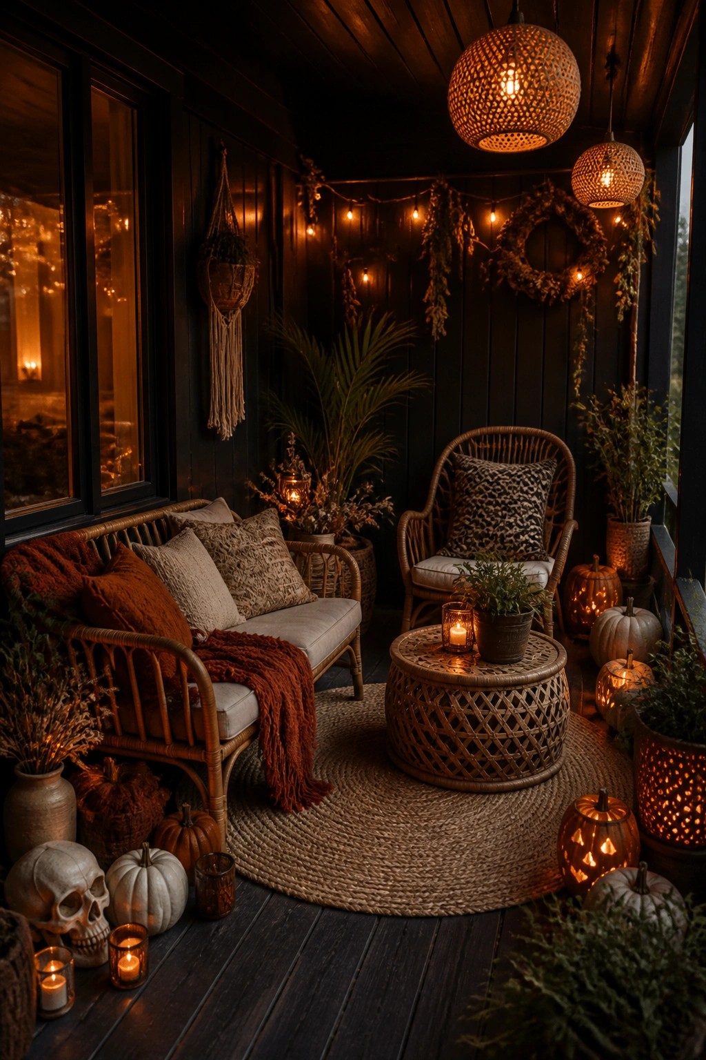 Covered front porch with carved lit jack-o-lanterns, skulls, candles, and wicker seating arranged on a round jute rug.