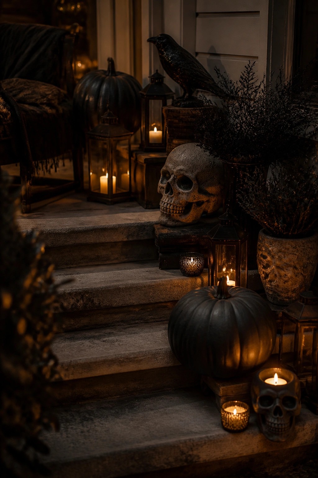 Front porch steps decorated with large and small skulls, a black crow statue, black pumpkins, and multiple lit lanterns.