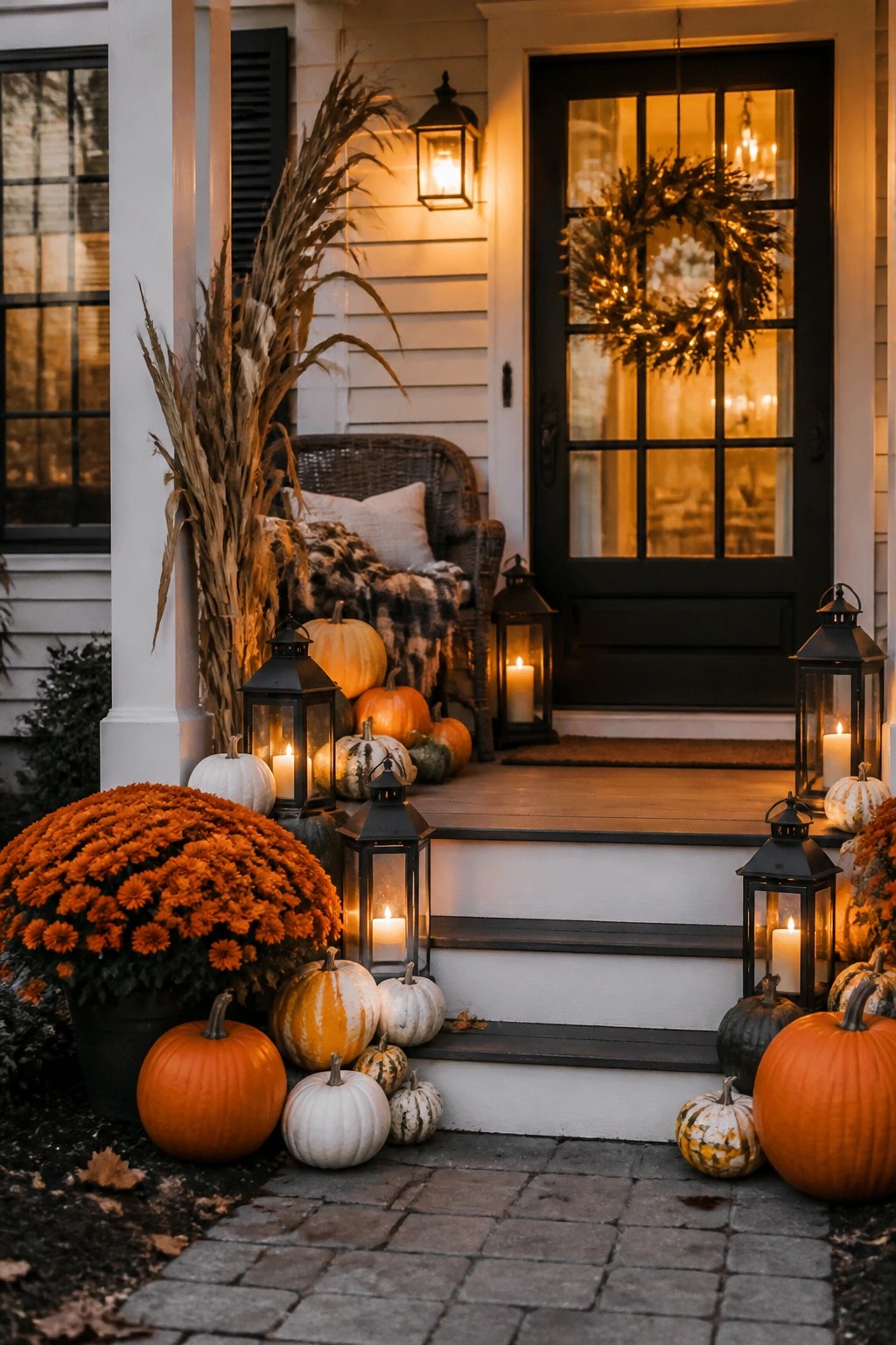 Front porch with pumpkins and lit black lanterns arranged on the steps and ground around a dark door with a wreath.