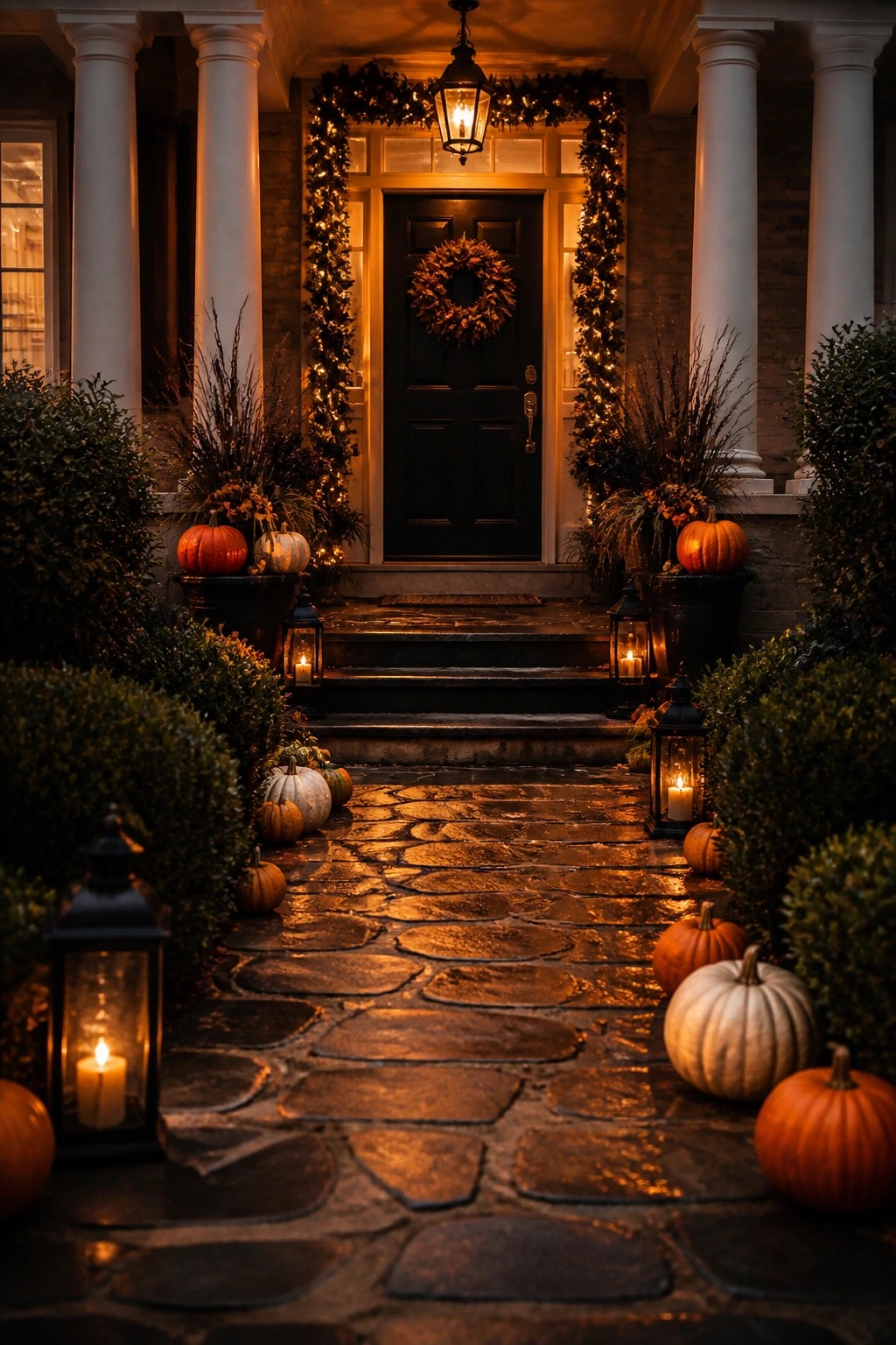 Stone walkway lined with pumpkins and lanterns leads to wreath-adorned black door at night