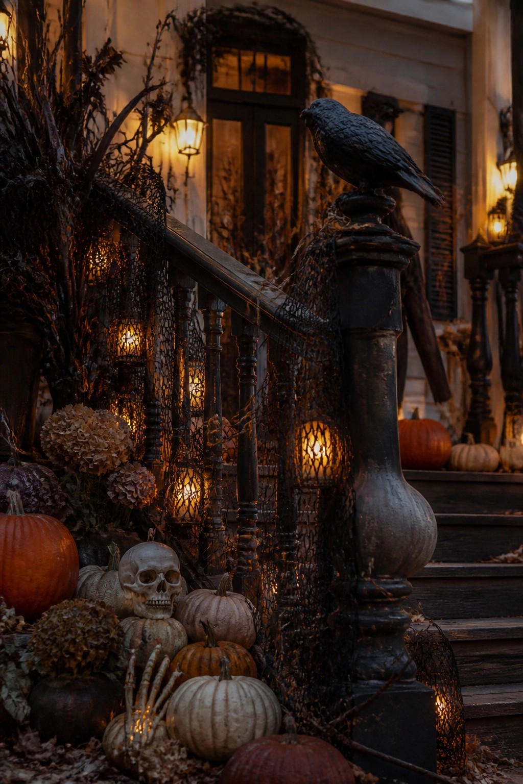 Front porch staircase decorated with skulls, skeleton hands, pumpkins, black netting, and a crow on the railing post.