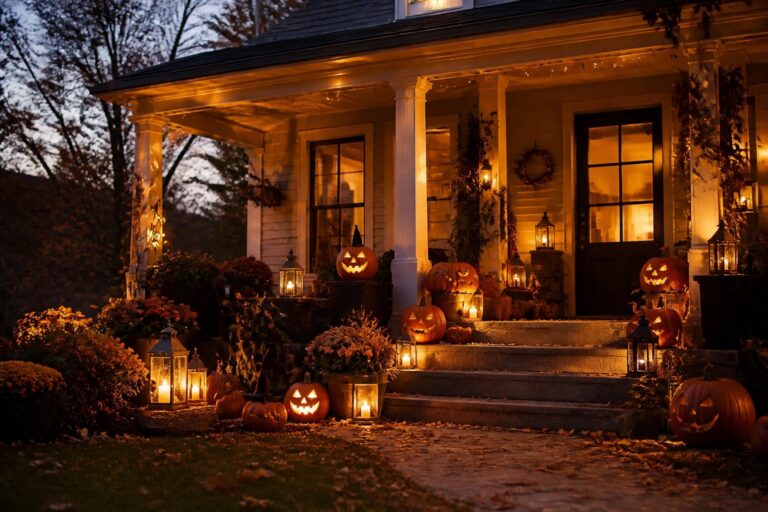 Front porch with pumpkins and lit black lanterns arranged on the steps and ground around a dark door with a wreath.