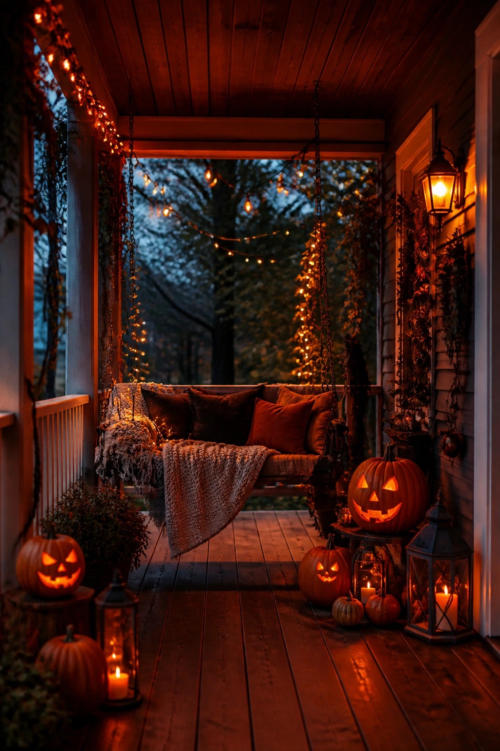 Front porch with several carved and lit jack o'lanterns placed on the wooden floor beside lanterns and a hanging swing.