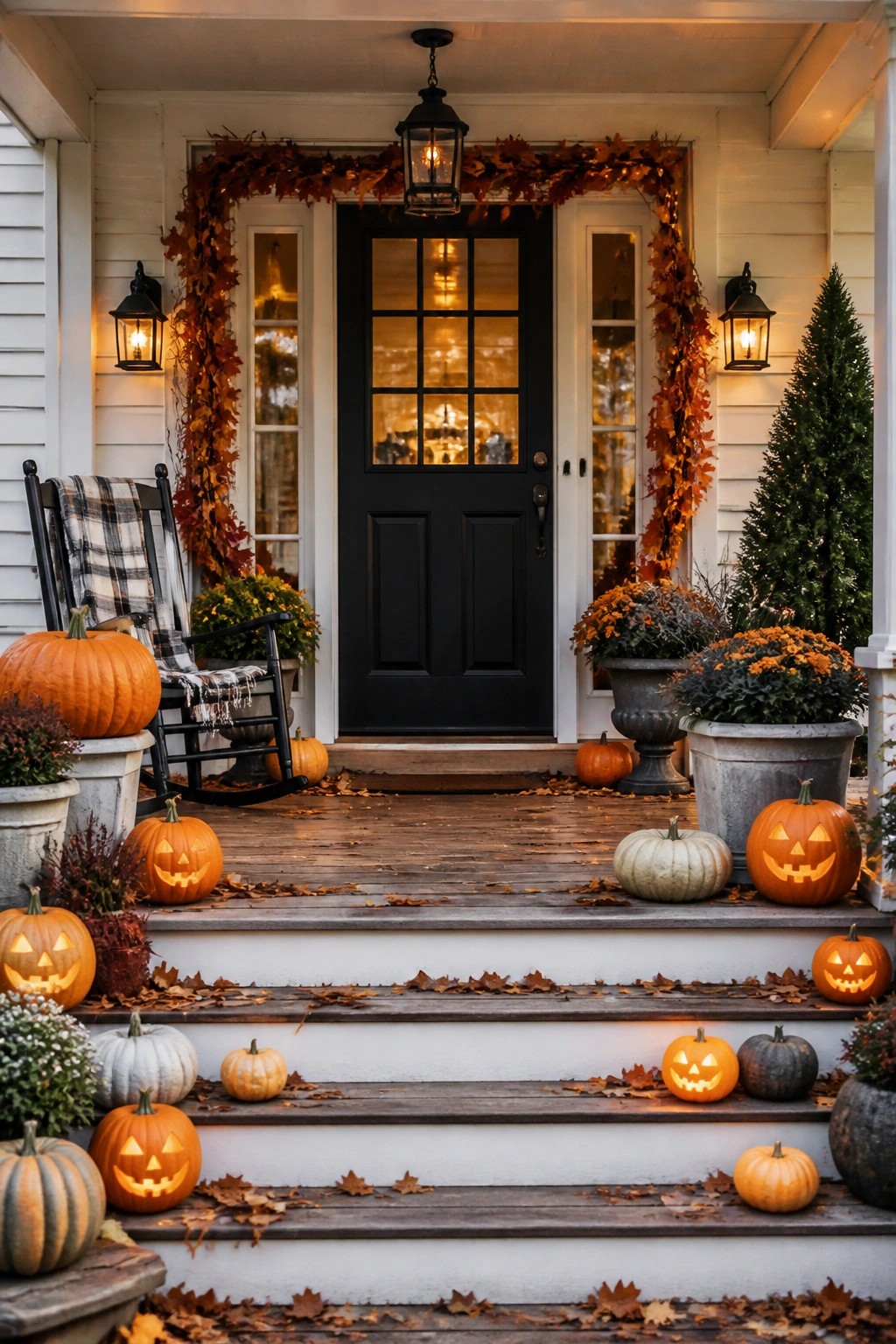 Front porch with rows of carved jack o lanterns placed on the wooden steps and deck in front of a black door.
