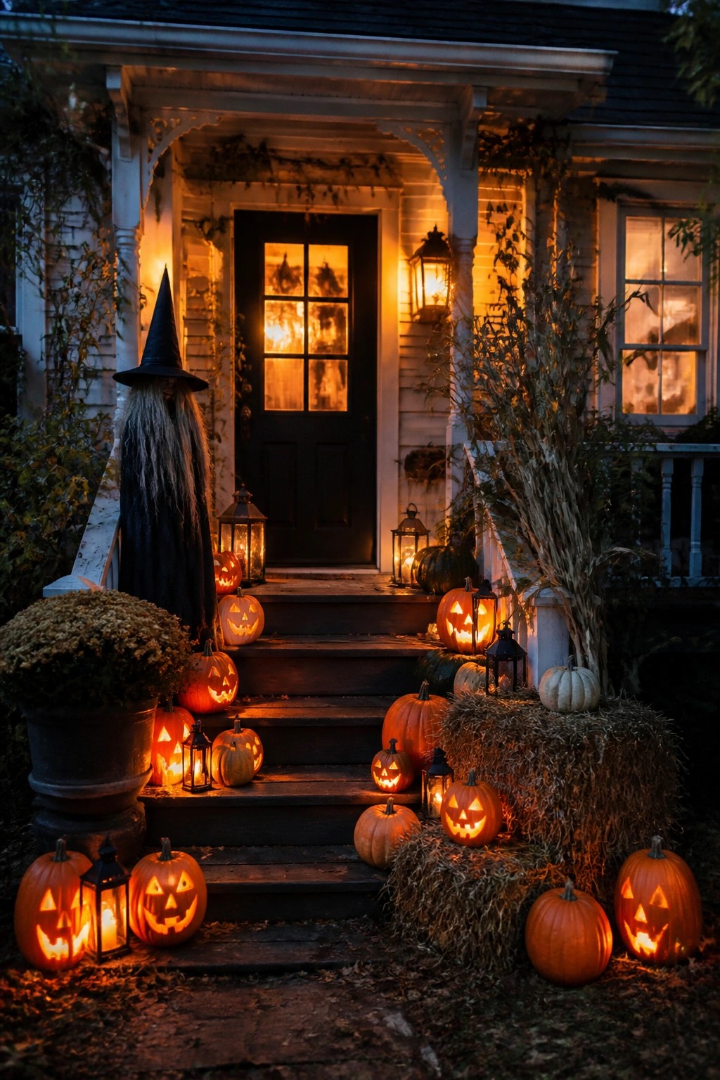 Front porch steps lined with carved jack o'lanterns, lanterns, and a tall witch figure beside the door.