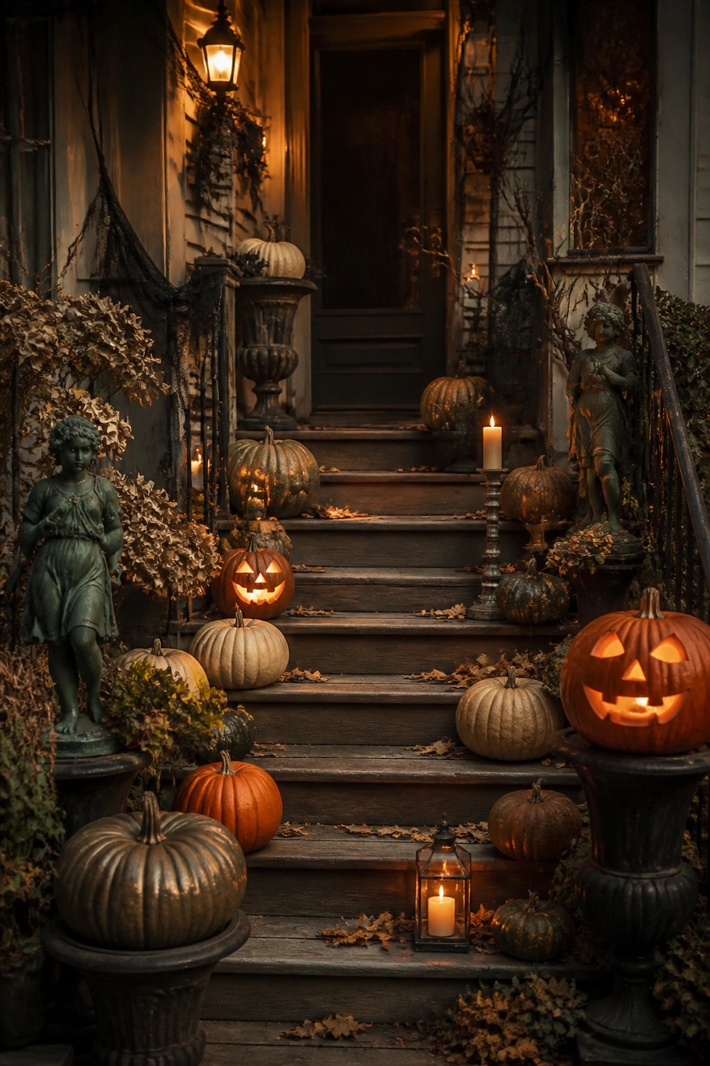 Front porch steps lined with glowing jack-o'-lanterns, plain pumpkins, and candles placed on pedestals next to stone statues.