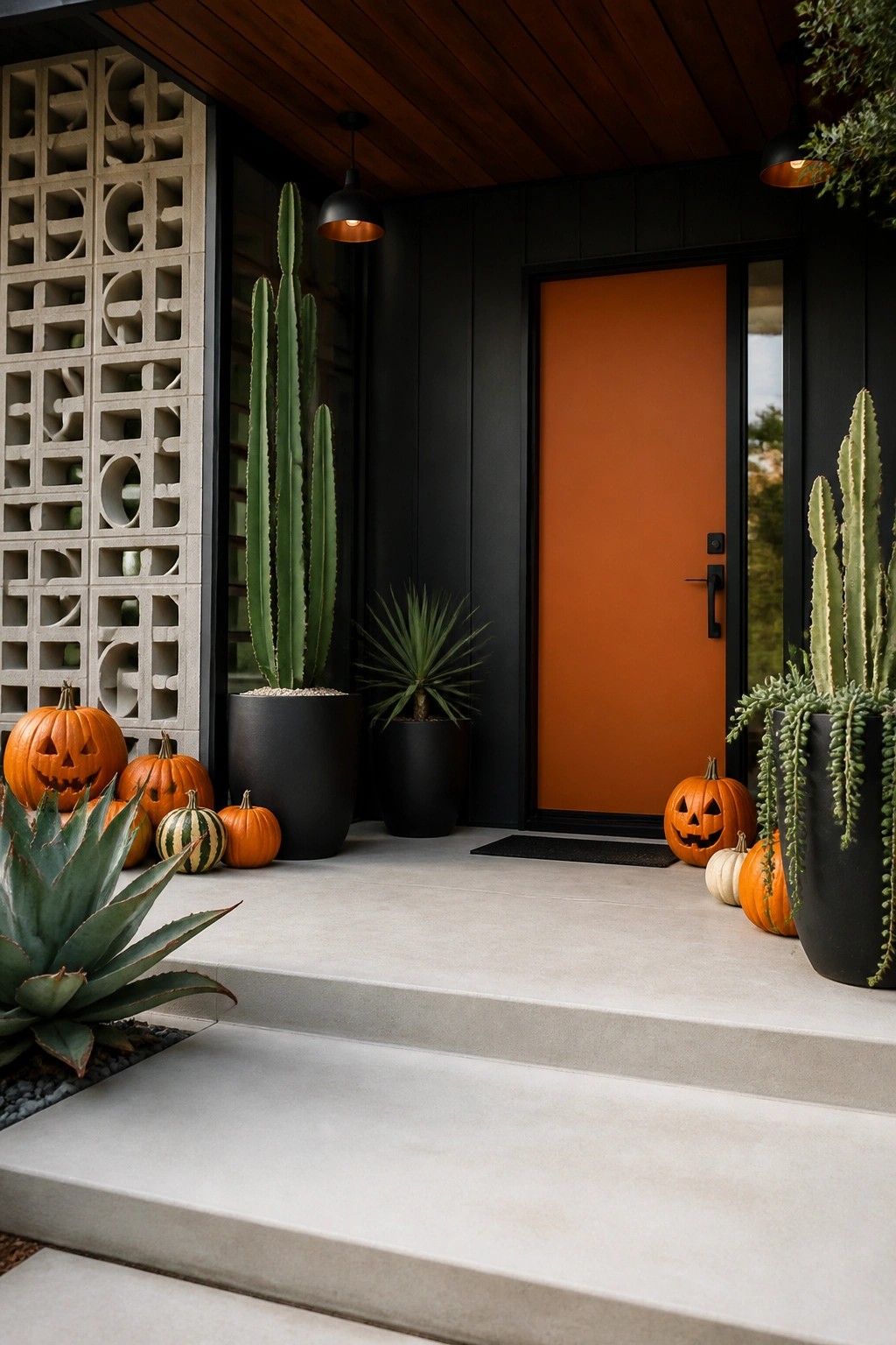 Front porch entrance with multiple carved jack o' lanterns placed around an orange door and dark planters.
