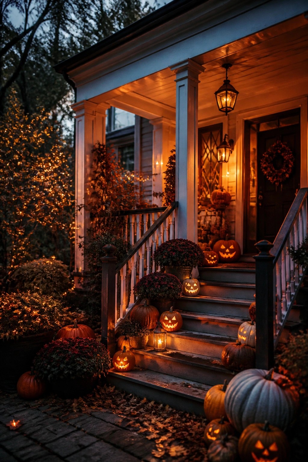 Front porch steps lined with carved and lit jack o' lanterns of different sizes and colors.