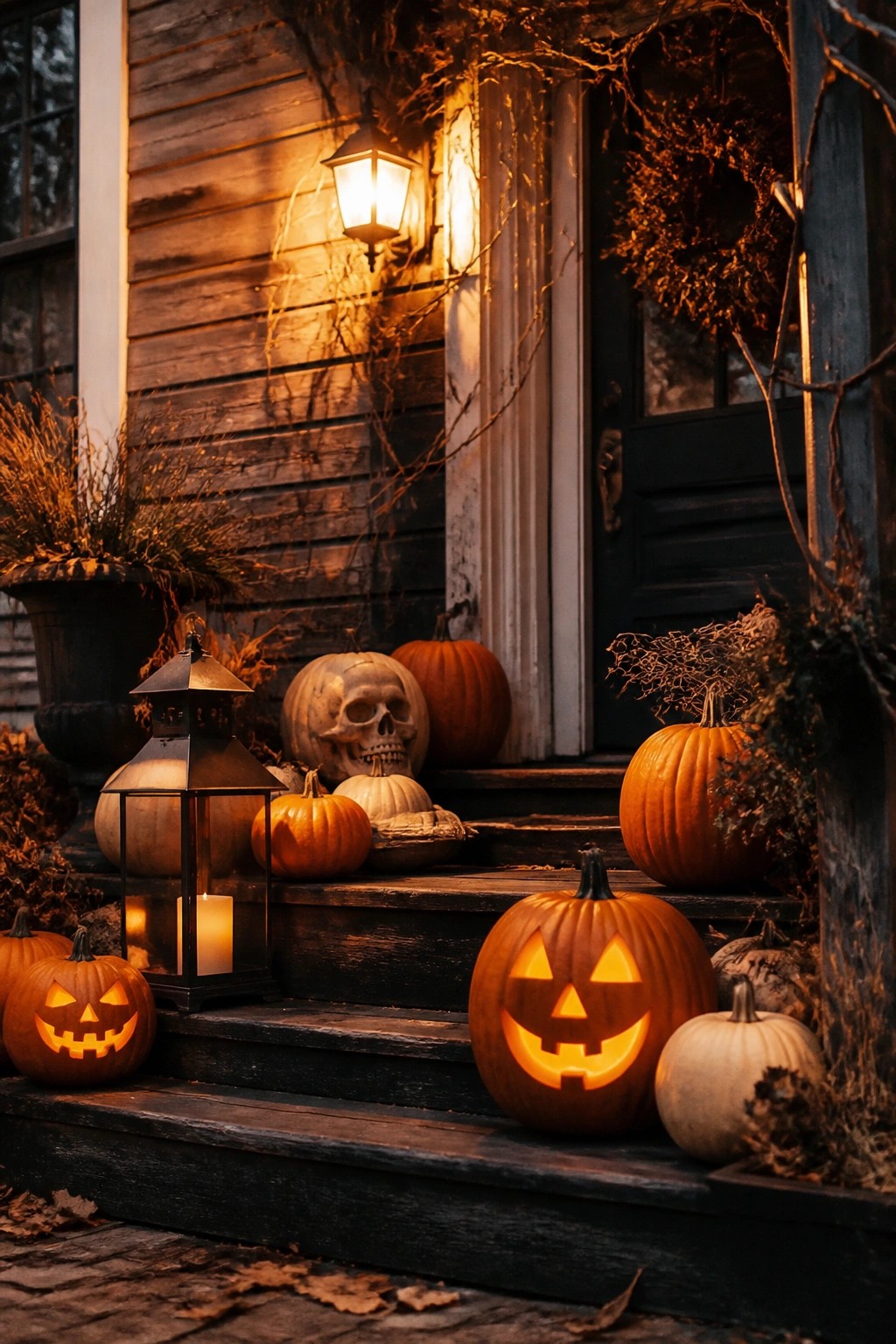 Wooden front porch steps lined with glowing carved jack o' lanterns, a skull, and black lanterns next to a dark door.