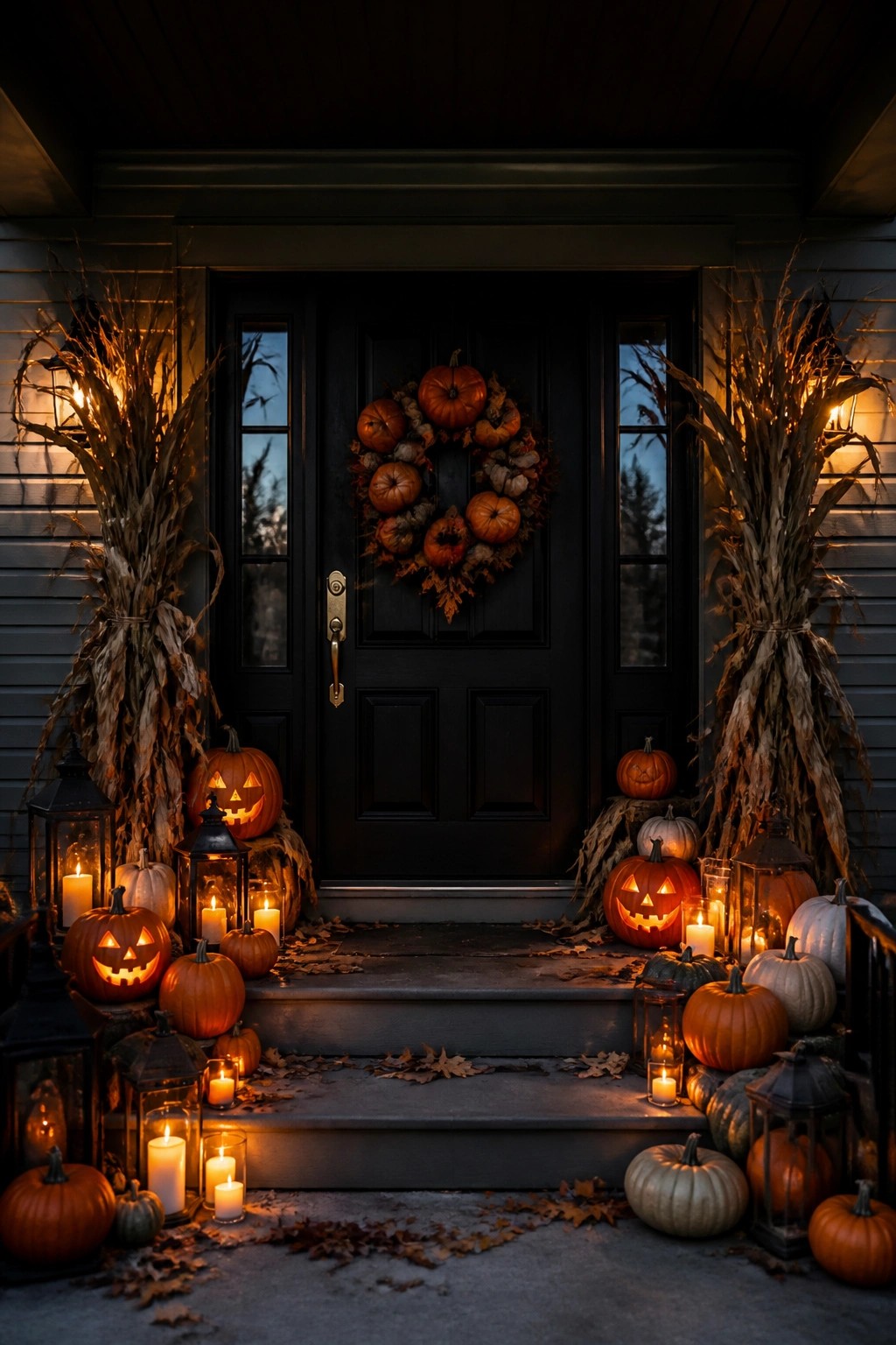 Front porch with black door, pumpkin wreath, and steps lined with carved jack o lanterns and lanterns.