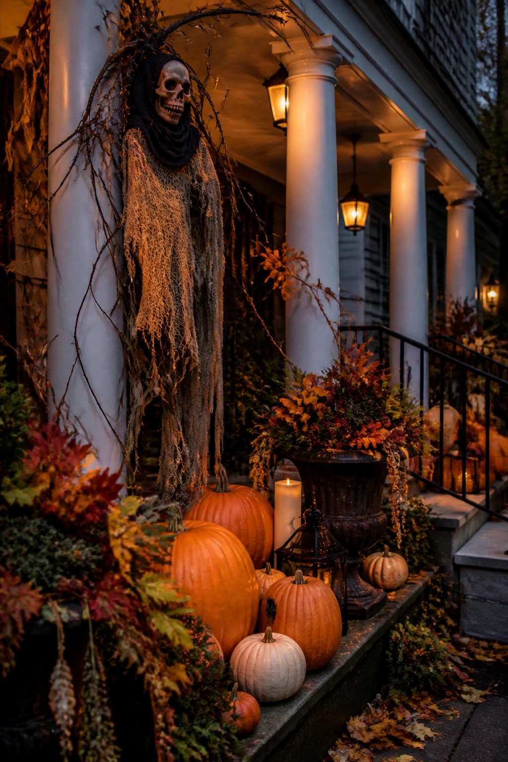 Front porch column decorated with a tall skeleton figure wrapped in torn fabric and branches, surrounded by pumpkins and autumn planters.