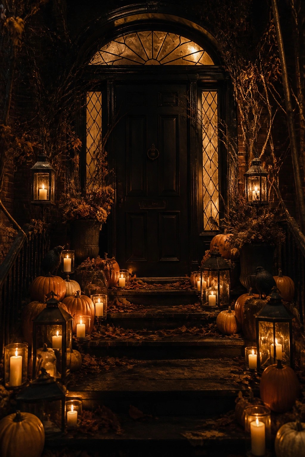Stone steps leading to a dark front door lined with glowing lanterns, candles, and pumpkins.