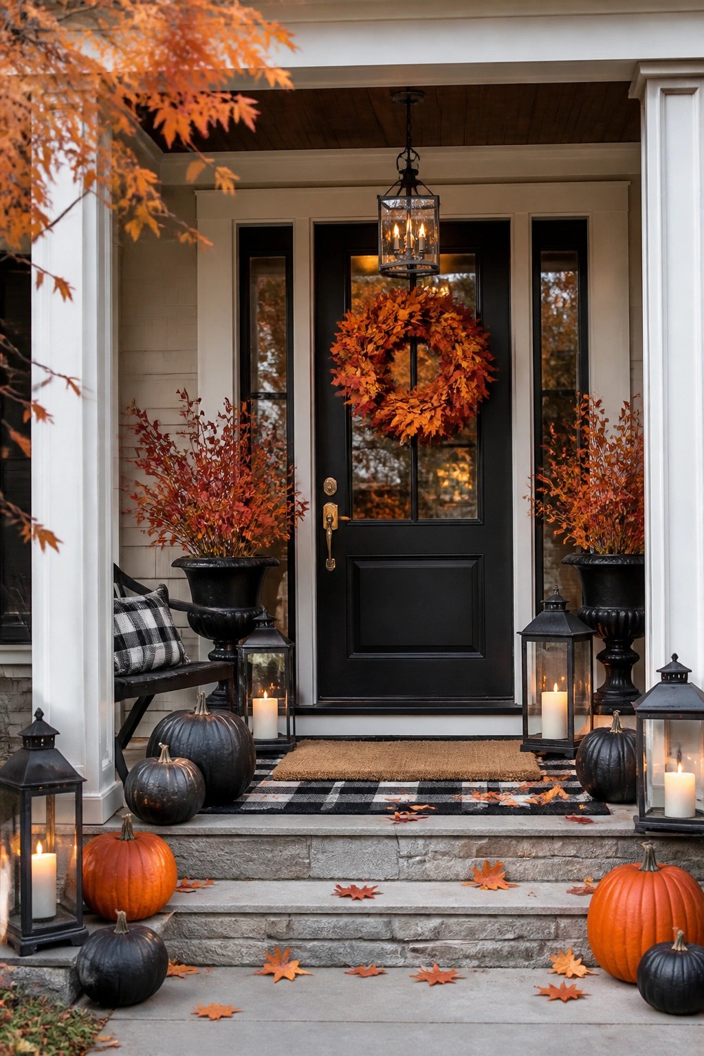 Front porch with black and orange pumpkins, lit lanterns, and a leaf wreath on a black door.