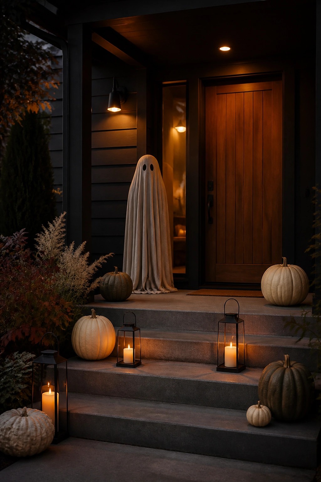 Front porch at night with a tall white ghost figure standing on the steps beside a wooden door, surrounded by pumpkins and lit lanterns.