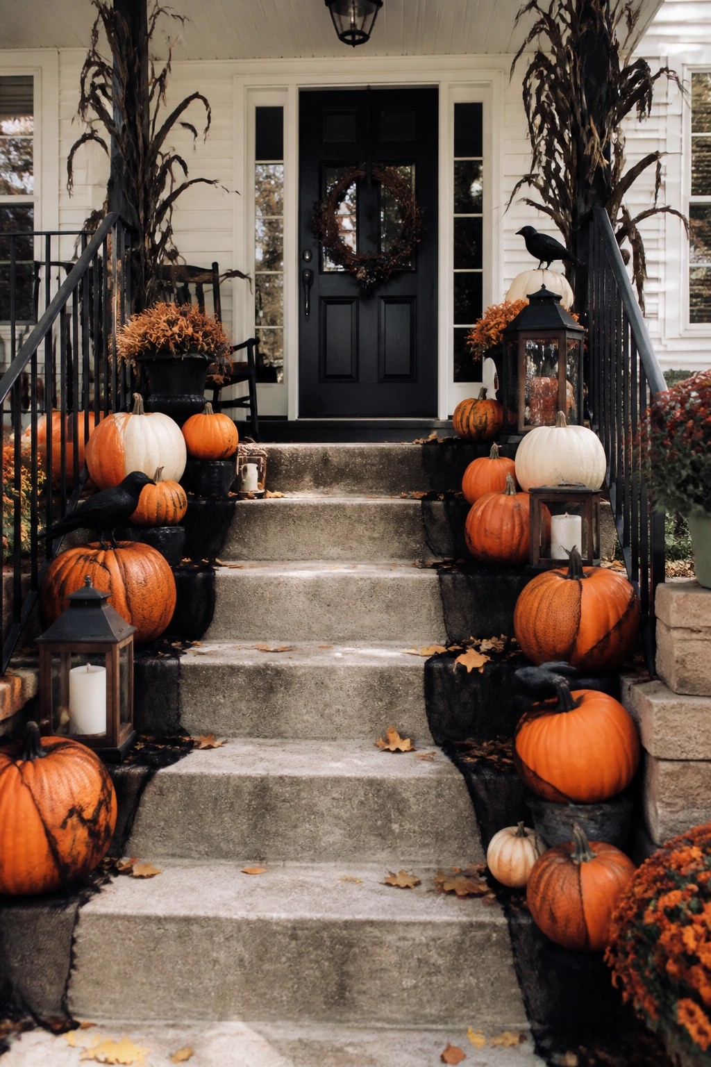 Front porch steps lined with orange and white pumpkins, black crows perched on several pumpkins, black lanterns, and dried corn stalks beside a black front door.